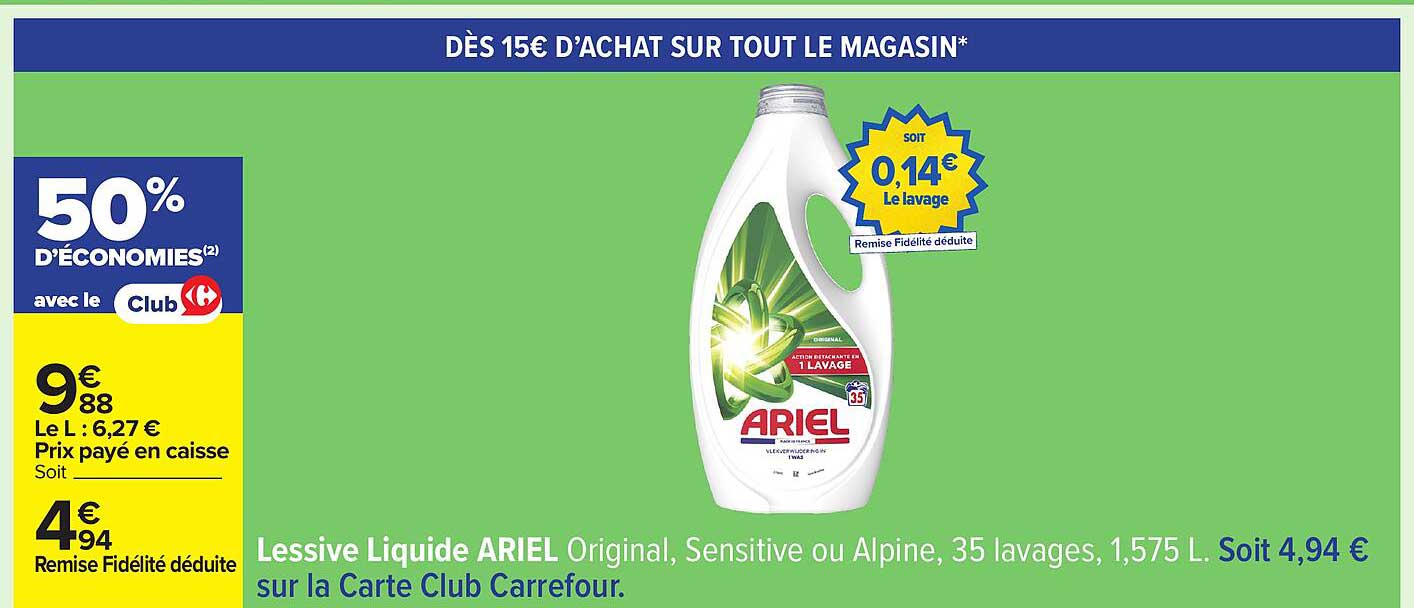 Lessive Liquide ARIEL Original, Sensitive ou Alpine, 35 lavages