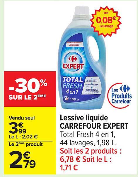Lessive liquide CARREFOUR EXPERT Total Fresh 4 en 1, 44 lavages, 1,98 L