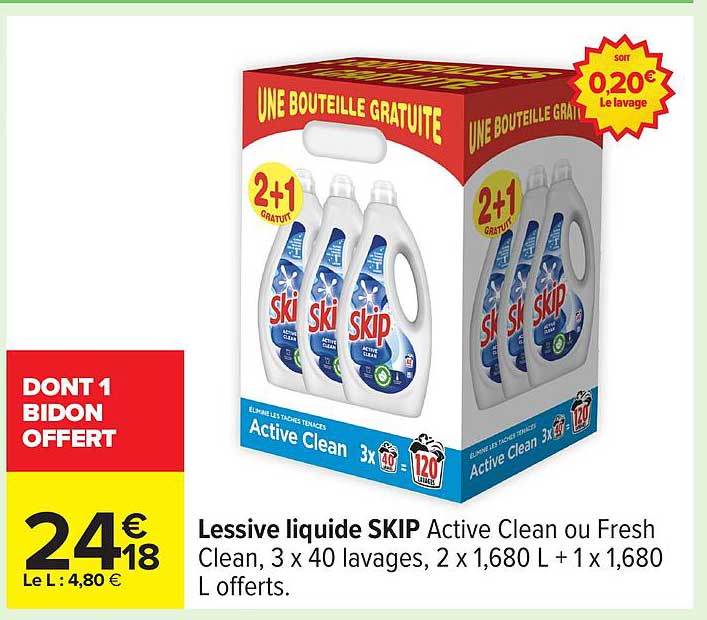 Lessive liquide SKIP Active Clean ou Fresh Clean, 3 x 40 lavages, 2 x 1,680 L + 1 x 1,680 L offerts.