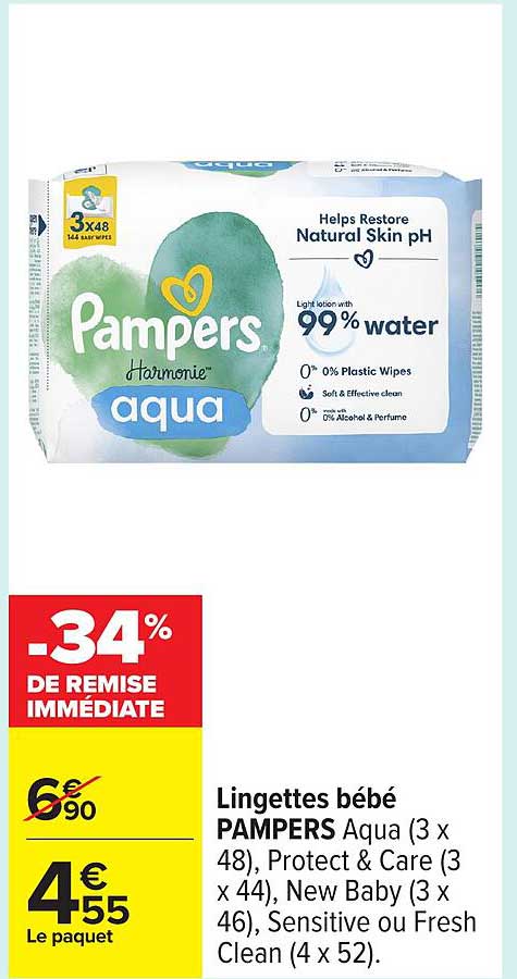 Lingettes bébé PAMPERS Aqua (3 x 48), Protect & Care (3 x 44), New Baby (3 x 46), Sensitive ou Fresh Clean (4 x 52)