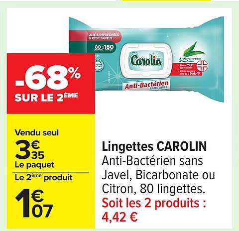 Lingettes CAROLIN Anti-Bactérien sans Javel, Bicarbonate ou Citron, 80 lingettes