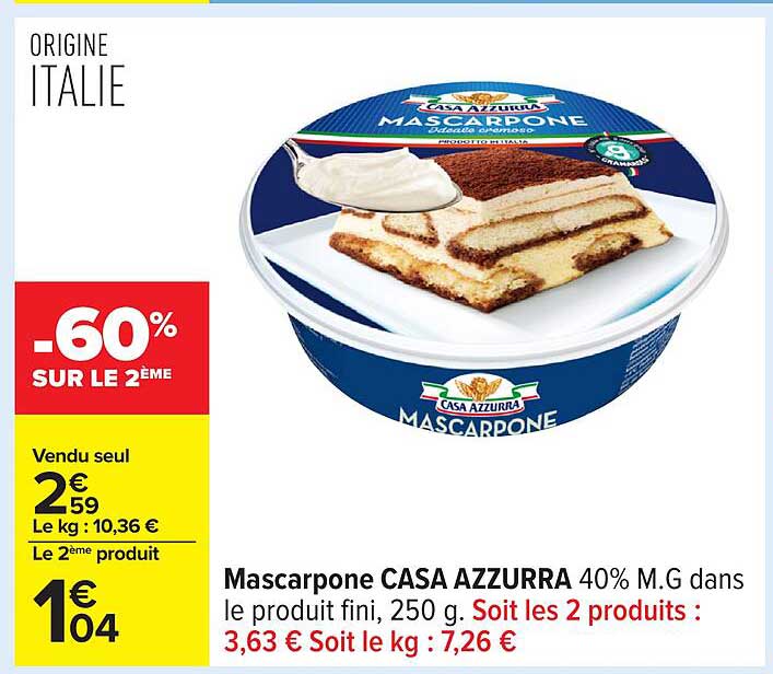 Mascarpone CASA AZZURRA 40% M.G dans le produit fini, 250 g