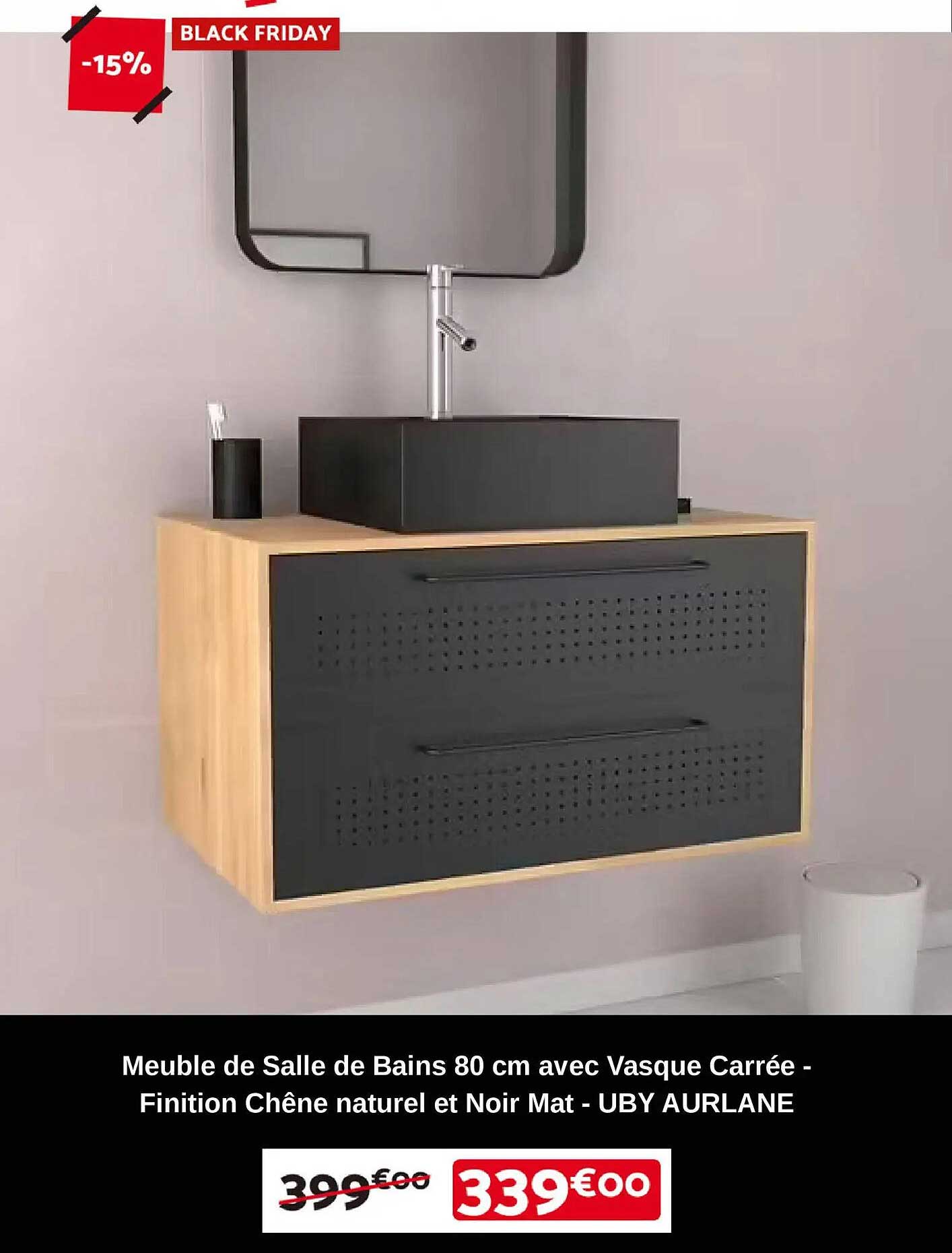 Meuble de Salle de Bains 80 cm avec Vasque Carrée - Finition Chêne naturel et Noir Mat - UBY AURLANE