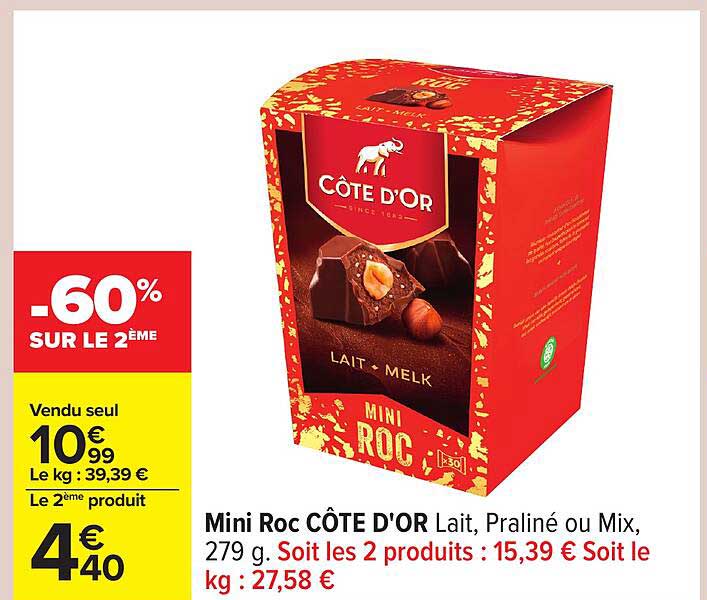 Mini Roc CÔTE D'OR Lait, Praliné ou Mix, 279 g.