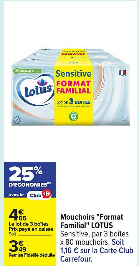 Mouchoirs "Format Familial" LOTUS Sensitive, par 3 boîtes x 80 mouchoirs.