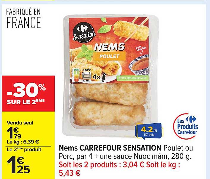 Nems CARREFOUR SENSATION Poulet ou Porc, par 4 + une sauce Nuoc mâm, 280 g.