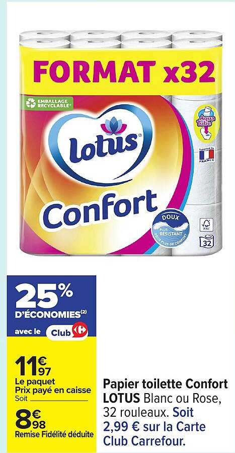 Papier toilette Confort LOTUS Blanc ou Rose, 32 rouleaux
