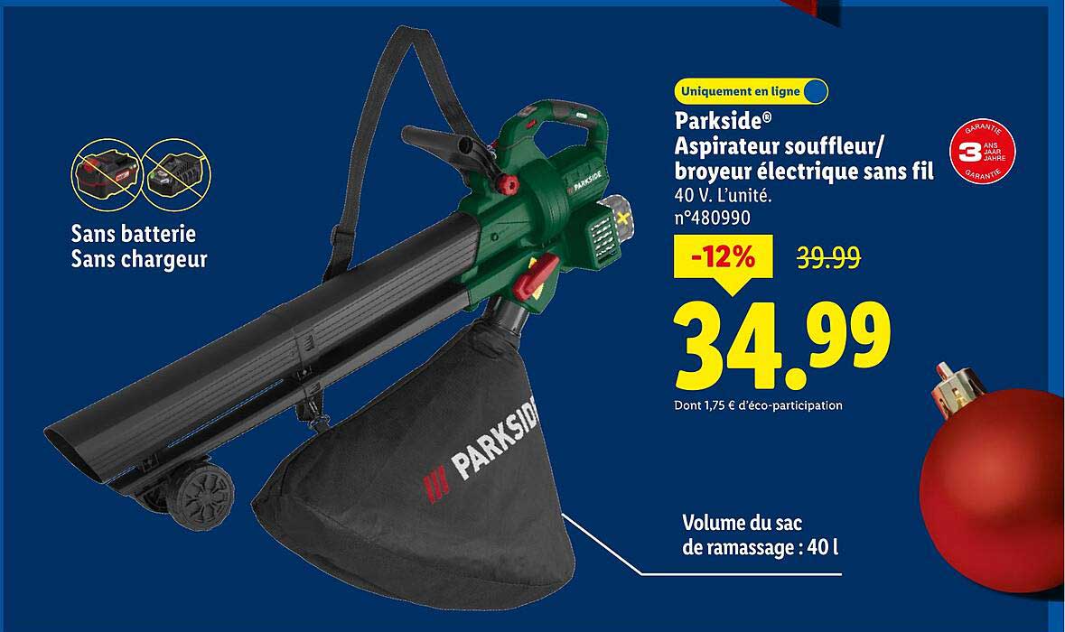 Parkside® Aspirateur souffleur/broyeur électrique sans fil 40 V.