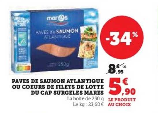 PAVÉS DE SAUMON ATLANTIQUE OU COEURS DE FILETS DE LOTTE DU CAP SURGELÉS MARES