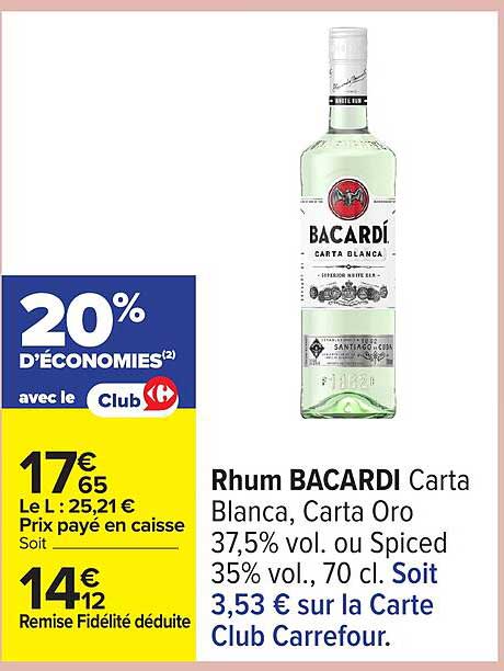 Rhum BACARDI Carta Blanca, Carta Oro 37,5% vol. ou Spiced 35% vol, 70 cl