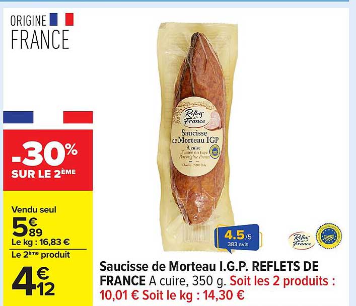 Saucisse de Morteau I.G.P. REFLETS DE FRANCE A cuire, 350 g