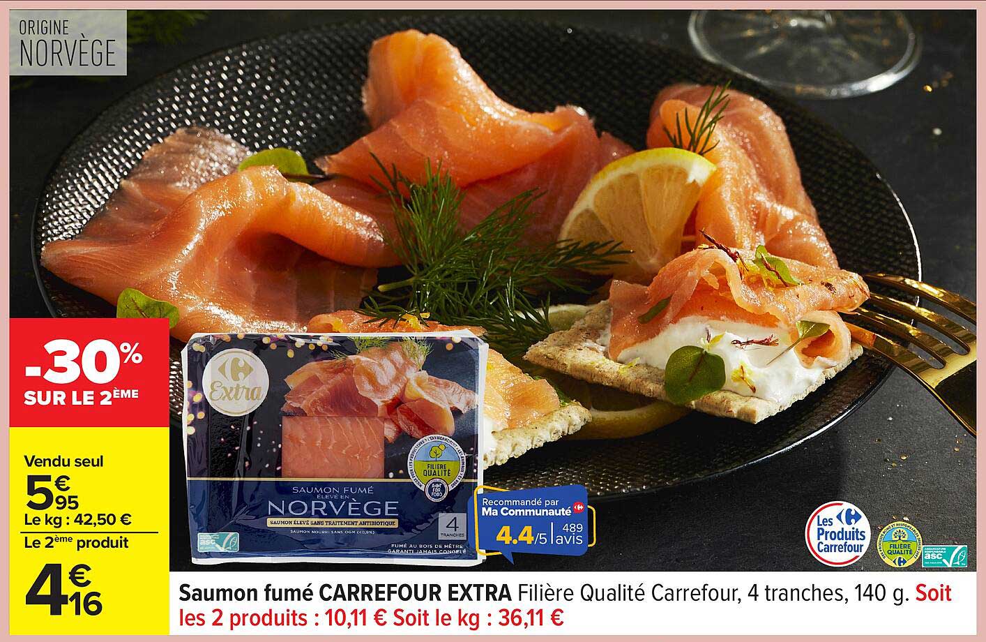 Saumon fumé CARREFOUR EXTRA Filière Qualité Carrefour, 4 tranches, 140 g.