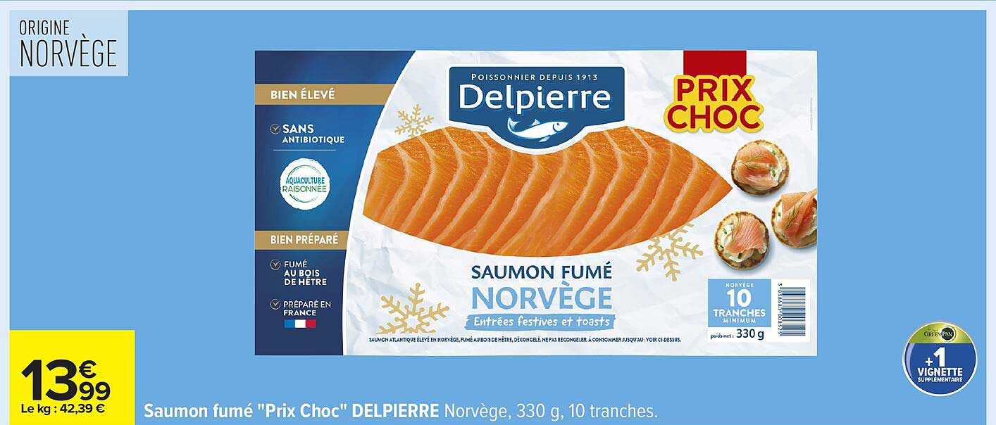 Saumon fumé "Prix Choc" DELPIERRE Norvège, 330 g, 10 tranches