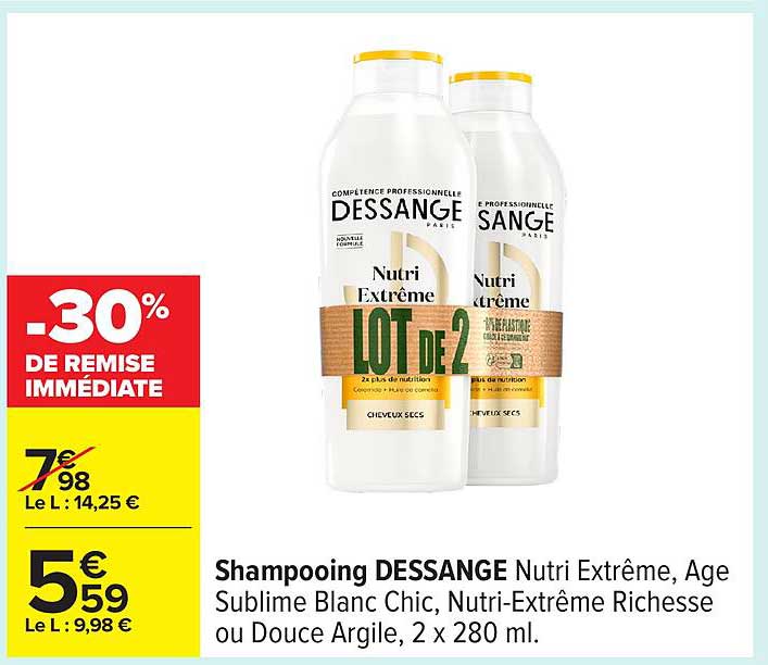 Shampooing DESSANGE Nutri Extrême, Age Sublime Blanc Chic, Nutri-Extrême Richesse ou Douce Argile, 2 x 280 ml.