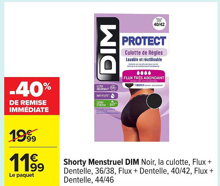 Shorty Menstruel DIM Noir, la culotte, Flux + Dentelle, 36/38, Flux + Dentelle, 40/42, Flux + Dentelle, 44/46