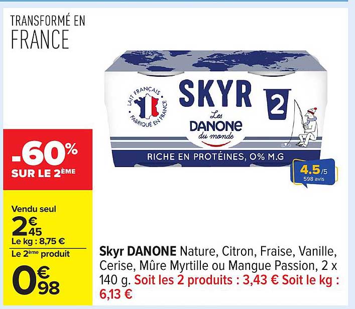 Skyr DANONE Nature, Citron, Fraise, Vanille, Cerise, Mûre Myrtille ou Mangue Passion