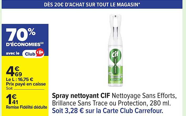 Spray nettoyant CIF Nettoyage Sans Efforts, Brillance Sans Trace ou Protection, 280 ml.