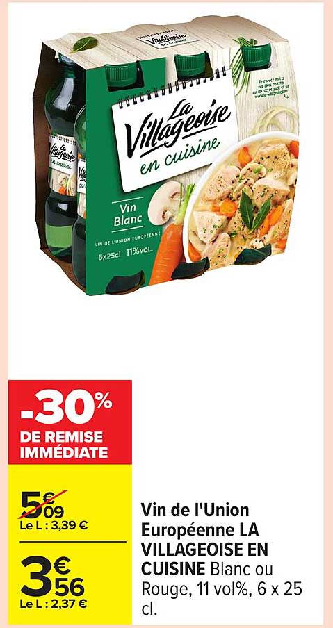 Vin de l'Union Européenne LA VILLAGEOISE EN CUISINE Blanc ou Rouge, 11 vol%, 6 x 25 cl.