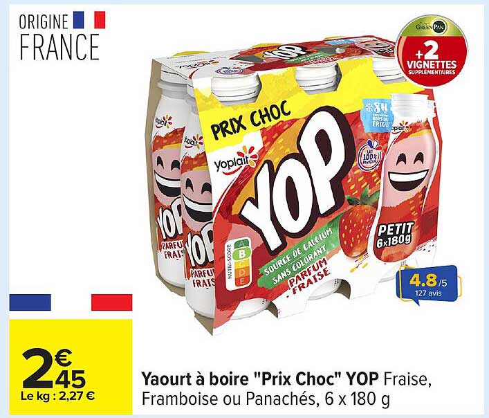 Yaourt à boire "Prix Choc" YOP Fraise, Framboise ou Panachés, 6 x 180 g