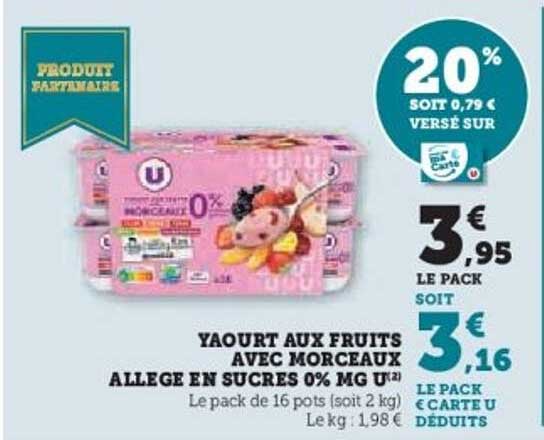 Yaourt aux fruits avec morceaux allégé en sucres 0% MG U