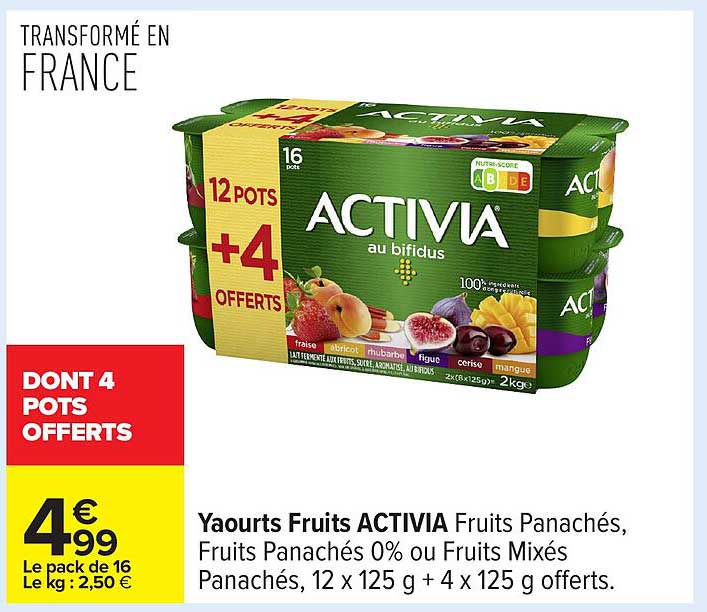 Yaourts Fruits ACTIVIA Fruits Panachés, Fruits Panachés 0% ou Fruits Mixés Panachés, 12 pots + 4 pots offerts