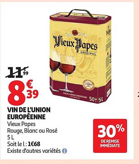 VIN DE L'UNION EUROPÉENNE Vieux Papes Rouge, Blanc ou Rosé 5 L