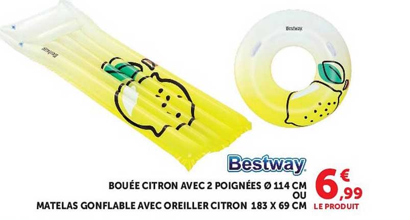BOUÉE CITRON AVEC 2 POIGNÉES Ø 114 CM OU MATELAS GONFLABLE AVEC OREILLER CITRON 183 X 69 CM