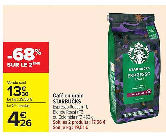 Café en grain STARBUCKS Espresso Roast n°11, Blonde Roast n°6 ou Columbia n°7, 450 g
