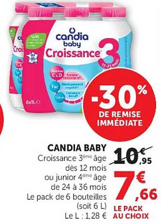 CANDIA BABY Croissance 3ème âge dès 12 mois ou junior 4ème âge de 24 à 36 mois Le pack de 6 bouteilles (soit 6 L) Le L : 1,28 € LE PACK AU CHOIX