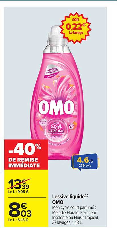 Lessive liquide OMO Mon cycle court parfumé : Mélodie Florale, Fraîcheur Insolente ou Laitier Tropical, 37 lavages