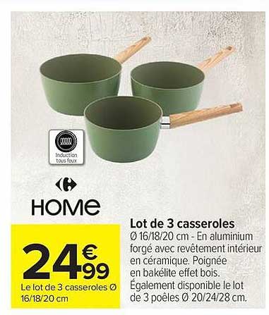Lot de 3 casseroles Ø 16/18/20 cm - En aluminium forgé avec revêtement intérieur en céramique. Poignée en bakélite effet bois. Également disponible le lot de 3 poêles Ø 20/24/28 cm.