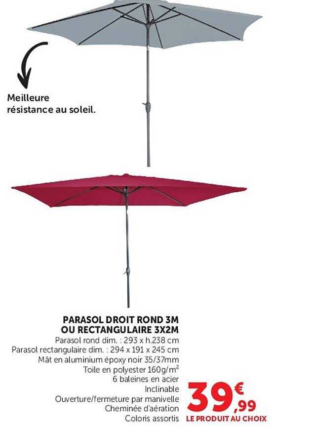 PARASOL DROIT ROND 3M OU RECTANGULAIRE 3X2M