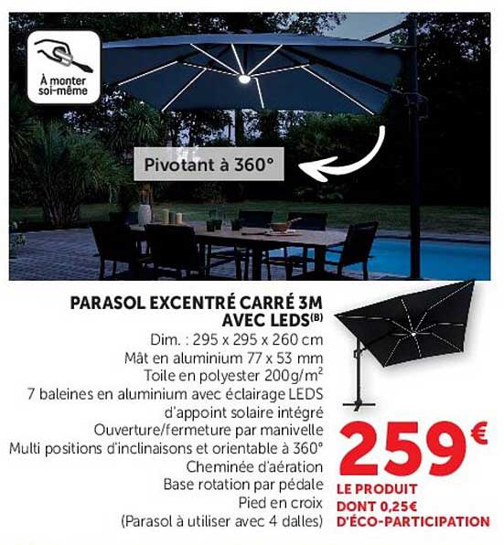 PARASOL EXCENTRÉ CARRÉ 3M AVEC LEDS