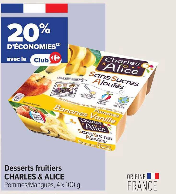 Desserts fruitiers CHARLES & ALICE Pommes/Mangues, 4 x 100 g.