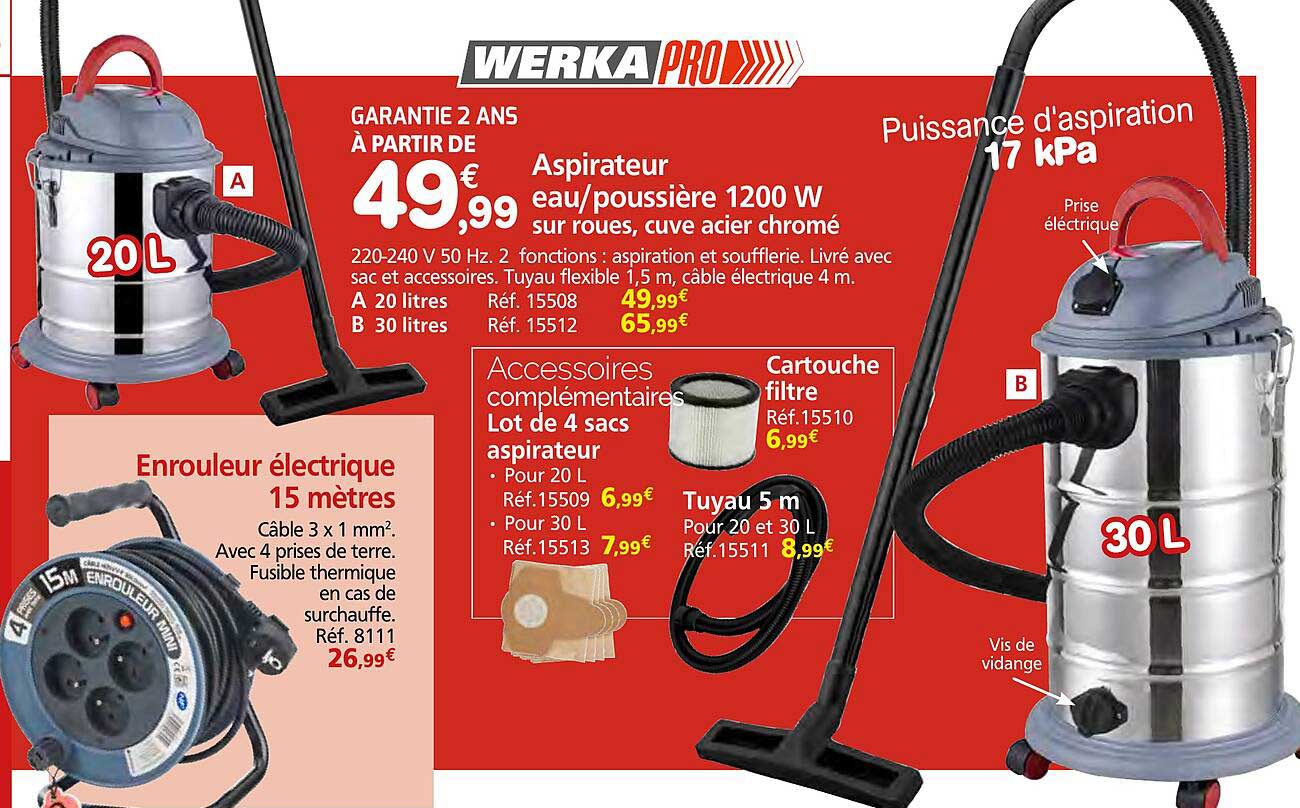 Aspirateur eau/poussière 1200 W sur roues, cuve acier chromé