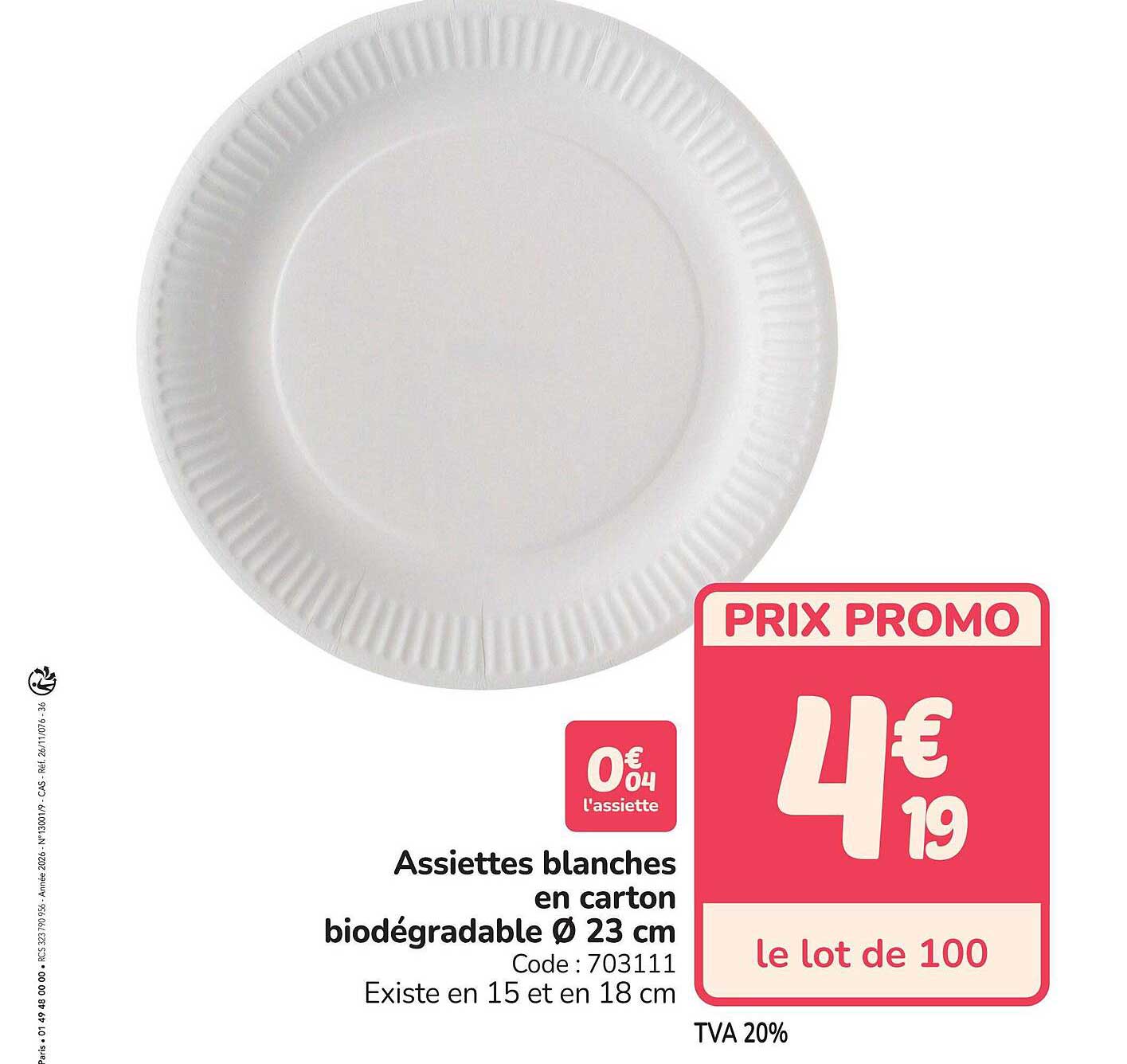 Assiettes blanches en carton biodégradable Ø 23 cm
