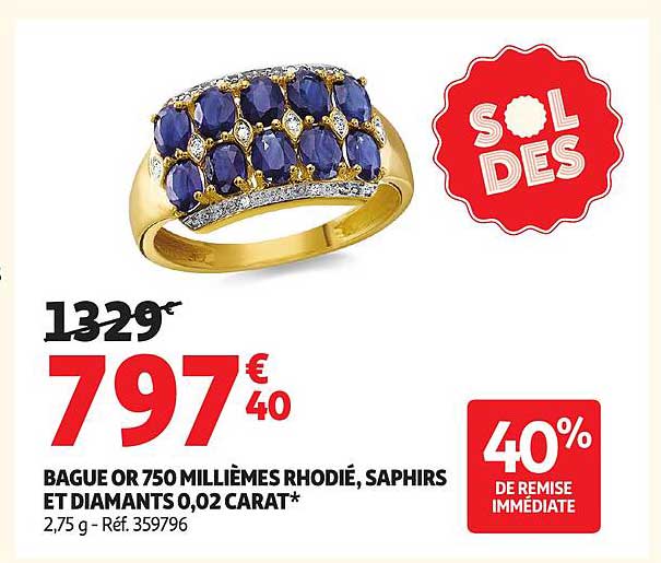 BAGUE OR 750 MILLIÈMES RHODIÉ, SAPHIRS ET DIAMANTS 0,02 CARAT*