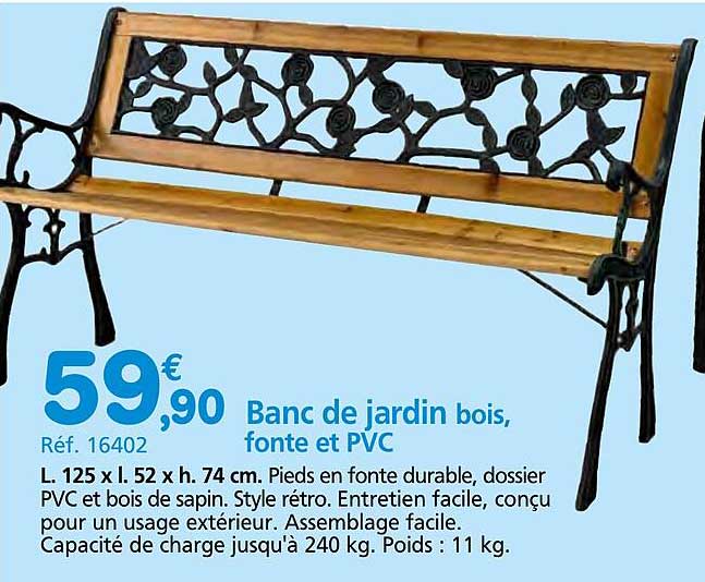 Banc de jardin bois, fonte et PVC