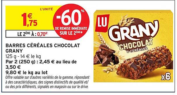 BARRES CÉRÉALES CHOCOLAT GRANY