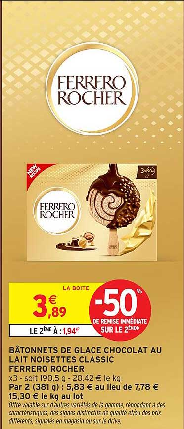 BÂTONNETS DE GLACE CHOCOLAT AU LAIT NOISETTES CLASSIC FERRERO ROCHER