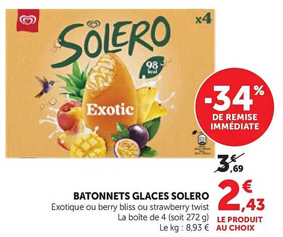 BATONNETS GLACES SOLERO Exotique ou berry bliss ou strawberry twist