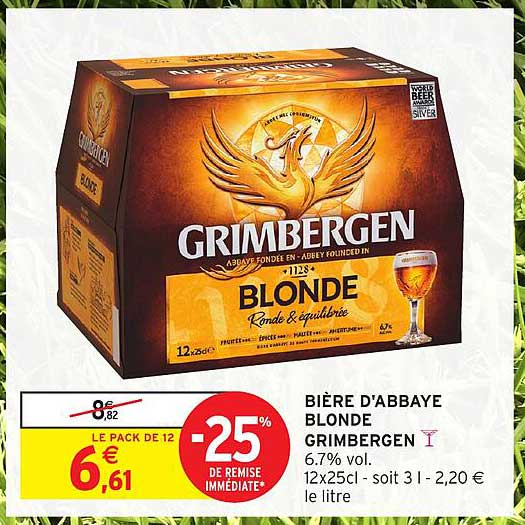 BIÈRE D'ABBAYE BLONDE GRIMBERGEN 6.7% vol. 12x25cl - soit 3 l - 2,20 € le litre
