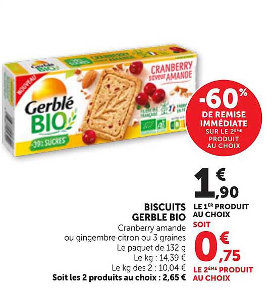Biscuits Gerblé Bio Cranberry amande ou gingembre citron ou 3 graines