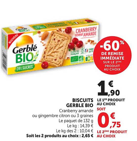 BISCUITS GERBLE BIO Cranberry amande ou gingembre citron ou 3 graines Le paquet de 132 g