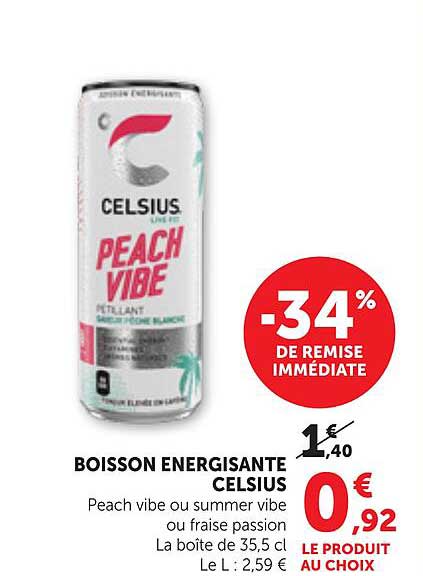 BOISSON ENERGISANTE CELSIUS Peach vibe ou summer vibe ou fraise passion La boite de 35,5 cl
