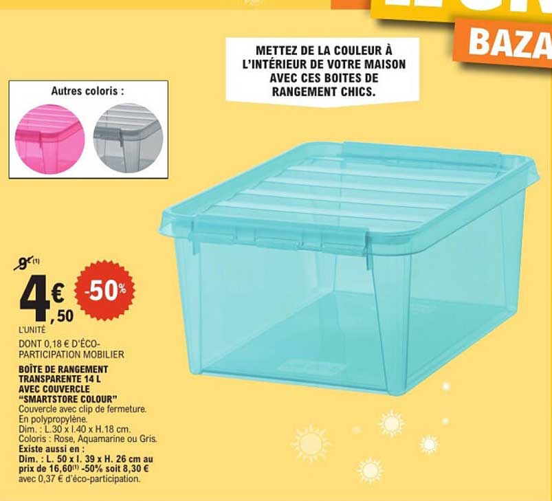 BOÎTE DE RANGEMENT TRANSPARENTE 14 L AVEC COUVERCLE "SMARTSTORE COLOUR"