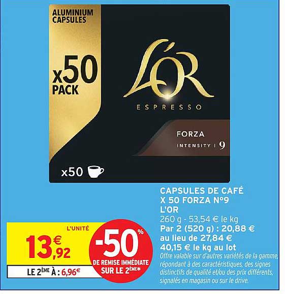 CAPSULES DE CAFÉ X 50 FORZA N°9 L'OR