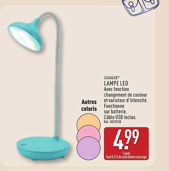 CASALUX® LAMPE LED Avec fonction changement de couleur et variateur d'intensité. Fonctionne sur batterie. Câble USB inclus.
