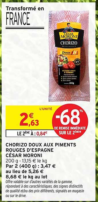 CHORIZO DOUX AUX PIMENTS ROUGES D'ESPAGNE CÉSAR MORONI