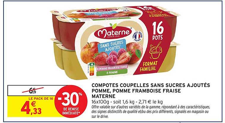 COMPOTES COUPELLES SANS SUCRES AJOUTÉS POMME, POMME FRAMBOISE FRAISE MATERNE